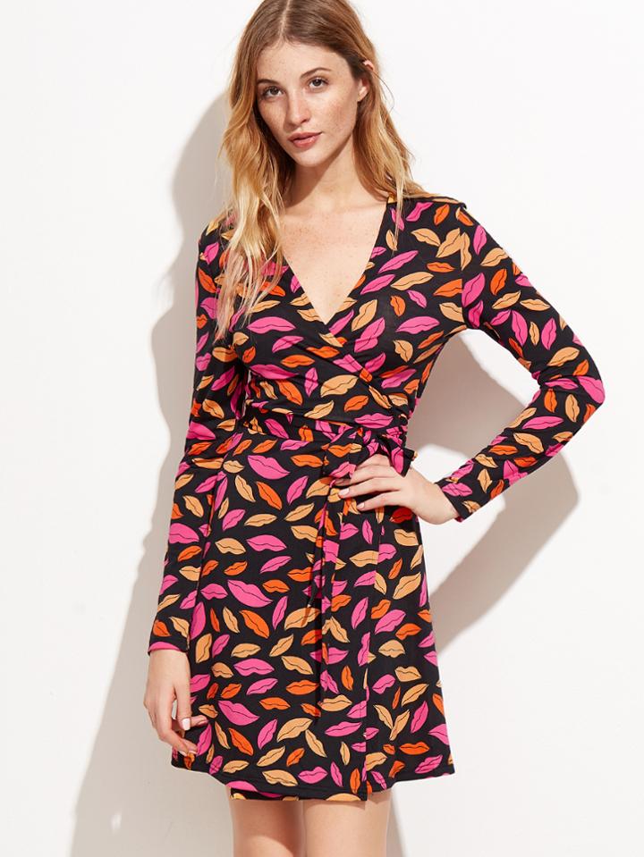 Shein Black Lip Print Self Tie Warp Dress
