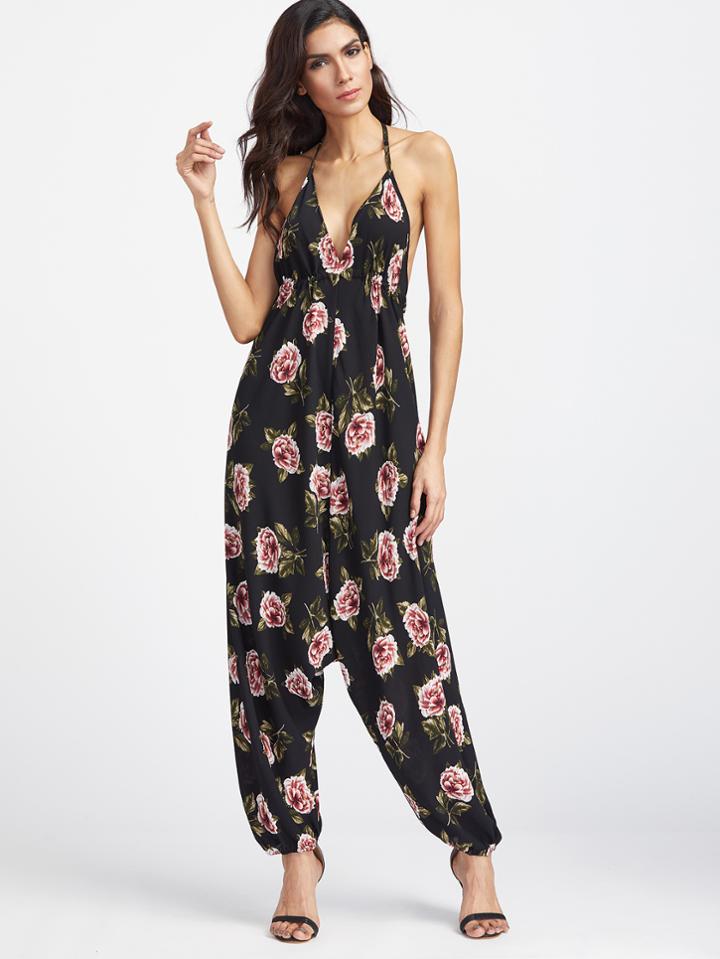 Shein Black Floral Print Halter Neck Harem Jumpsuit