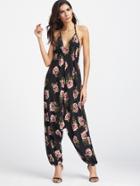 Shein Black Floral Print Halter Neck Harem Jumpsuit