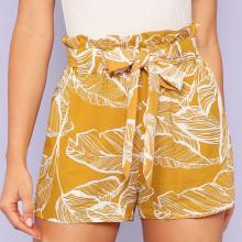 Shein Jungle Leaf Slant Pocket Self Belted Shorts