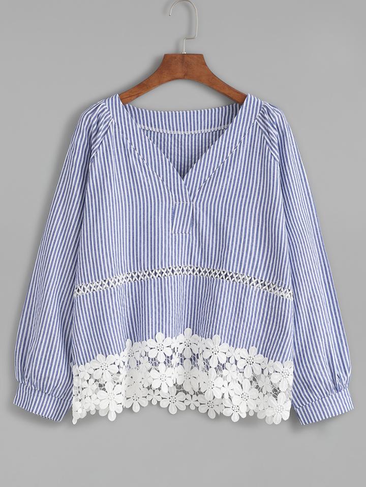 Shein Blue Striped Appliques Hollow Out Blouse