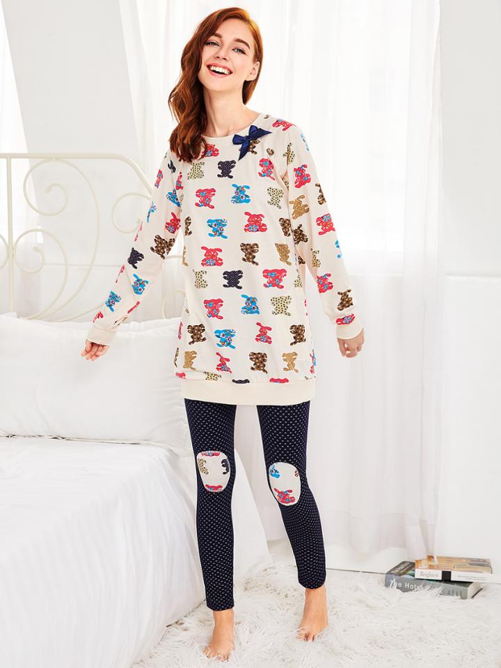 Shein Cartoon Print Longline Pullover & Leggings Pj Set