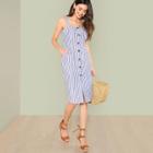 Shein Thick Strap Button Up Pinstripe Pencil Dress