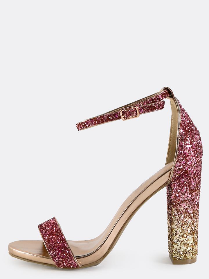 Shein Single Strap Glitter Sequin Chunky Heels Blush