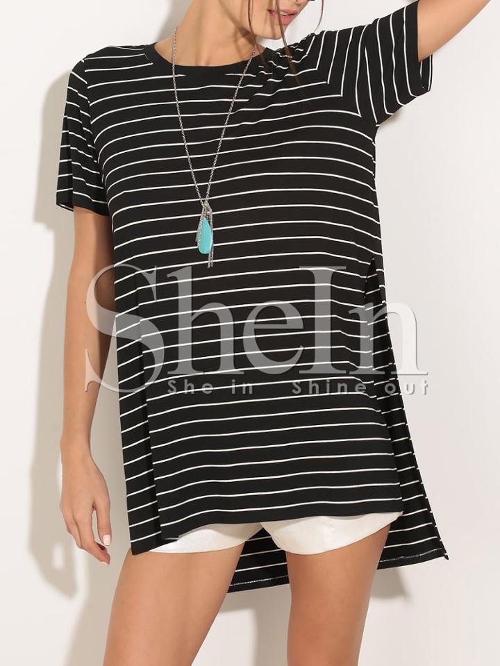 Shein Black White Stripe Split Side Dip Hem Casual T-shirt