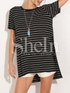Shein Black White Stripe Split Side Dip Hem Casual T-shirt