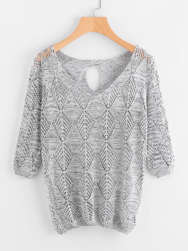 Shein V-neckline Keyhole Back Open Knit Sweater