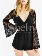 Shein Black Long Sleeve V Neck With Lace Playsuit