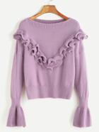 Shein Purple Drop Shoulder Bell Sleeve Ruffle Trim Sweater