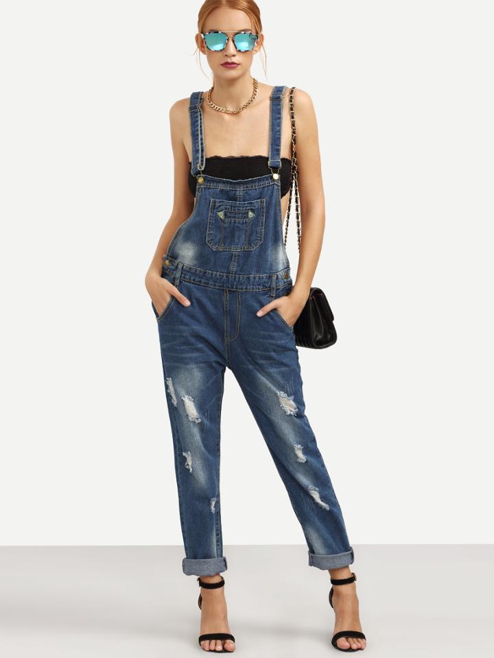 Shein Distressed Stone Wash Blue Overall Jeans