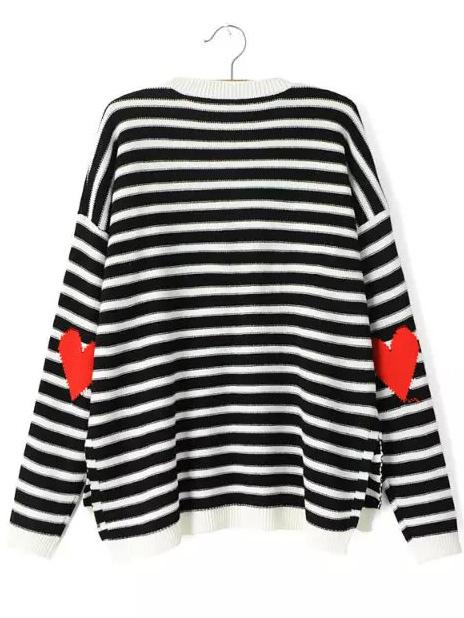 Shein Black White Long Sleeve Striped Heart Print Sweater