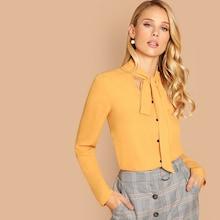Shein Single Breasted Tie Neck Solid Top