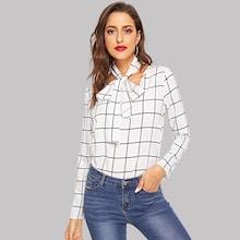 Shein Tie Neck Grid Top
