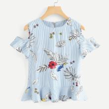Shein Open Shoulder Frill Hem Leaf Print Blouse