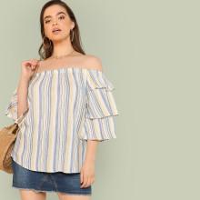 Shein Plus Layered Flounce Sleeve Striped Bardot Top