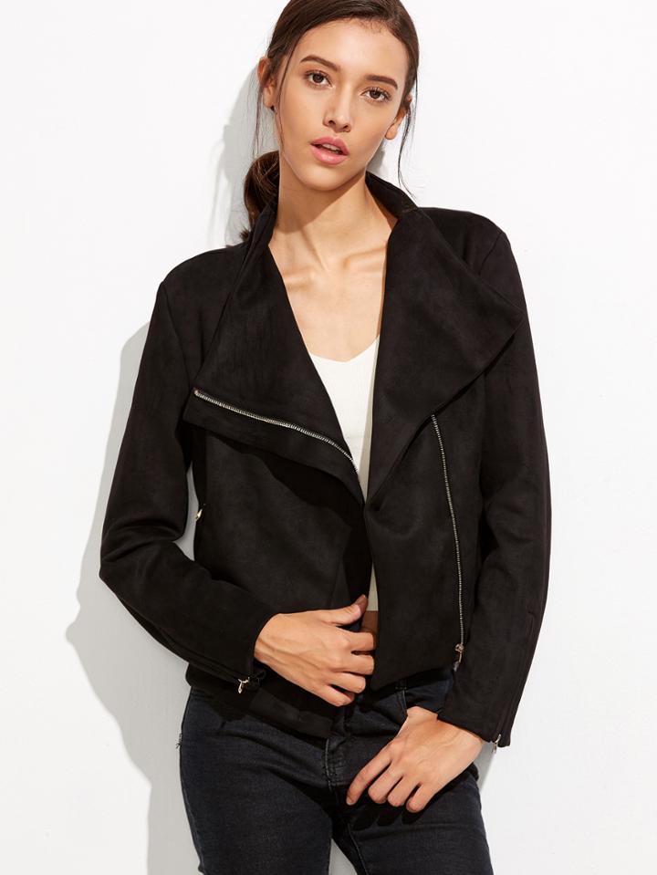 Shein Black Faux Suede Drape Collar Asymmetric Zip Jacket