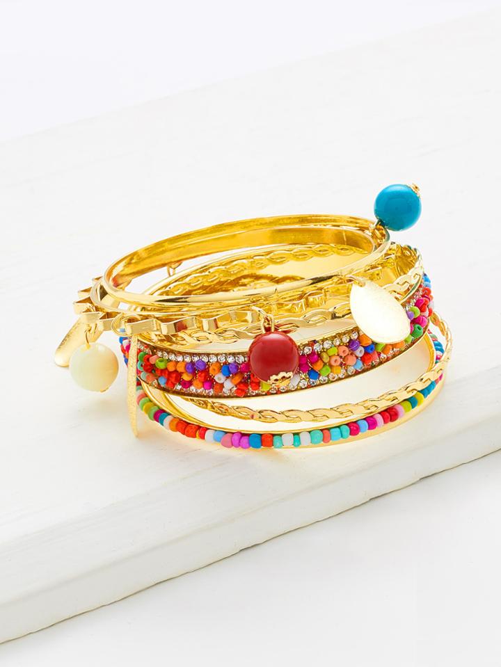 Shein Rhinestone & Beaded Embellished Bangle Bracelet Set