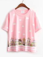 Shein House Print Split Pink T-shirt