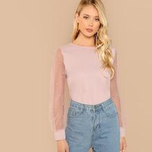 Shein Pearl Beaded Mesh Sleeve Top