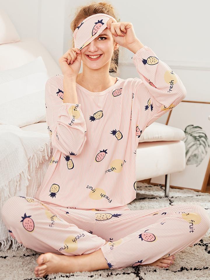 Shein Pineapple Print Pajama Set With Eye Mask