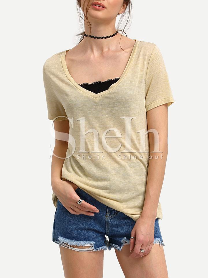 Shein Apricot V Neck Short Sleeve Casual T-shirt
