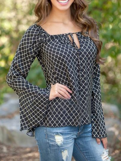 Shein Black Tie-neck Bell Sleeve Diamond Print Blouse