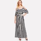 Shein Frill Trim Cold Shoulder Self Belt Striped Jumpsuit