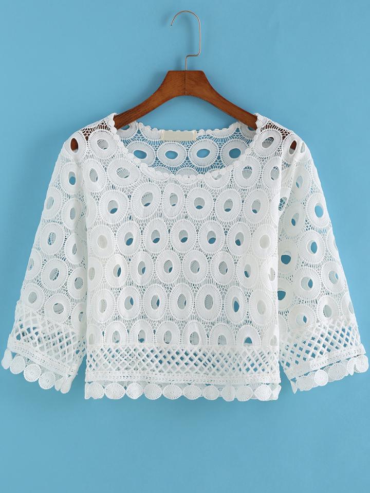 Shein White Round Neck Hollow Lace Crop Blouse