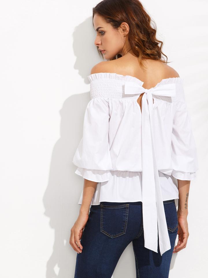 Shein Shirred Bardot Bow Tie Back Blouse