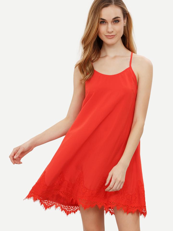 Shein Red Spaghetti Strap Crochet Hem Shift Dress
