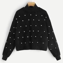 Shein Mock-neck Pearl Embellished Pullover