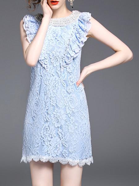 Shein Flounce Sleeve Beading Scallop Lace Dress