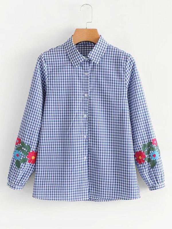Shein Embroidered Sleeve Gingham Blouse