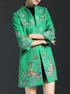 Shein Green Flowers Embroidered Pockets Coat