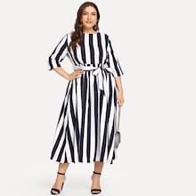 Shein Plus Self Belted Striped Swing Dress