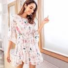 Shein Floral Print Flounce Sleeve Belted Dress