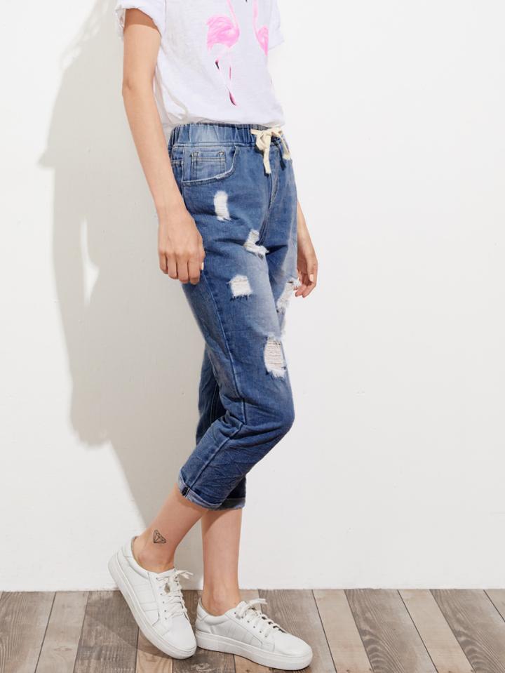 Shein Drawstring Waist Turn Up Hem Destroyed Jeans