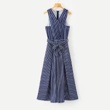 Shein Crossover Front Striped Wide Leg Jumpsuit