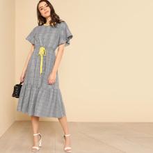 Shein Contrast Neck Drawstring Waist Plaid Dress