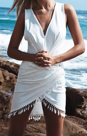 Shein White V Neck Sleeveless Tassel Fringed Dress
