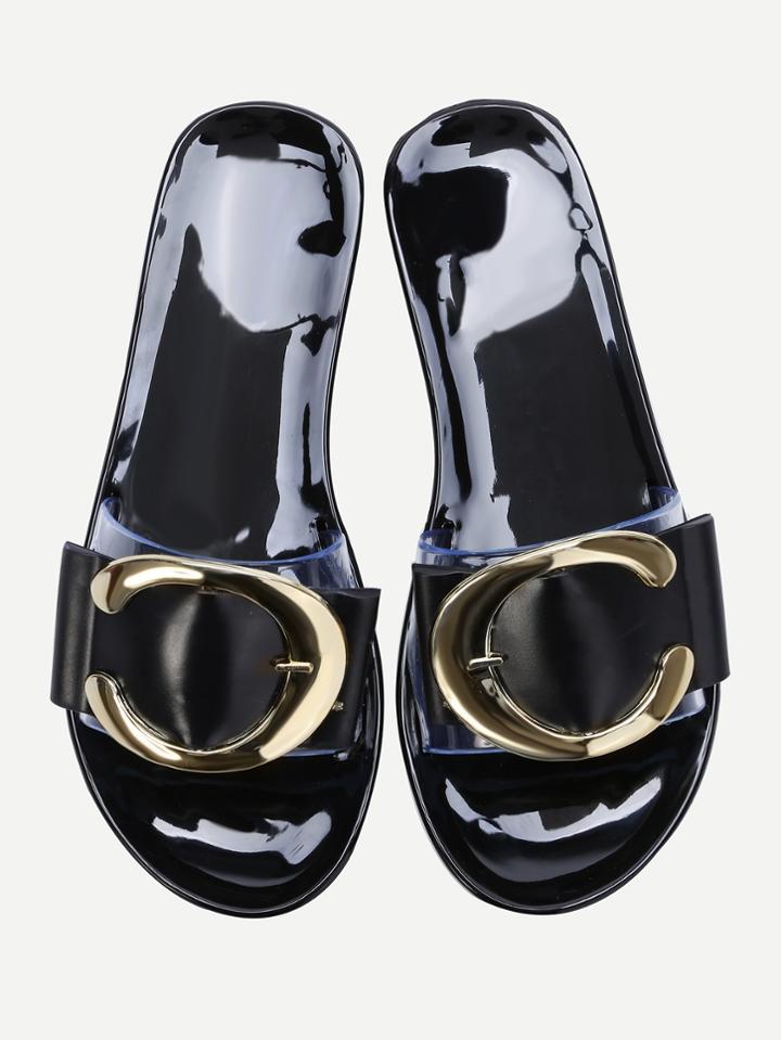 Shein Black Open Toe Clear Detail Flat Sandals