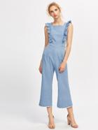 Shein Frill Detail Frayed Hem Chambray Pinafore Jumpsuit