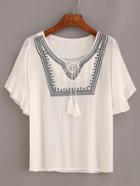 Shein Ruffled Sleeve Tassel-tie Neck Embroidered Blouse - White