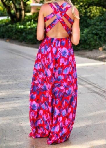 Rosewe Flower Print Criss Cross Back Maxi Dress