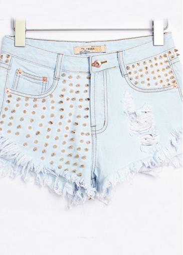 Rosewe Light Blue Rivet Embellished Tearing Shorts