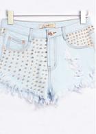 Rosewe Light Blue Rivet Embellished Tearing Shorts