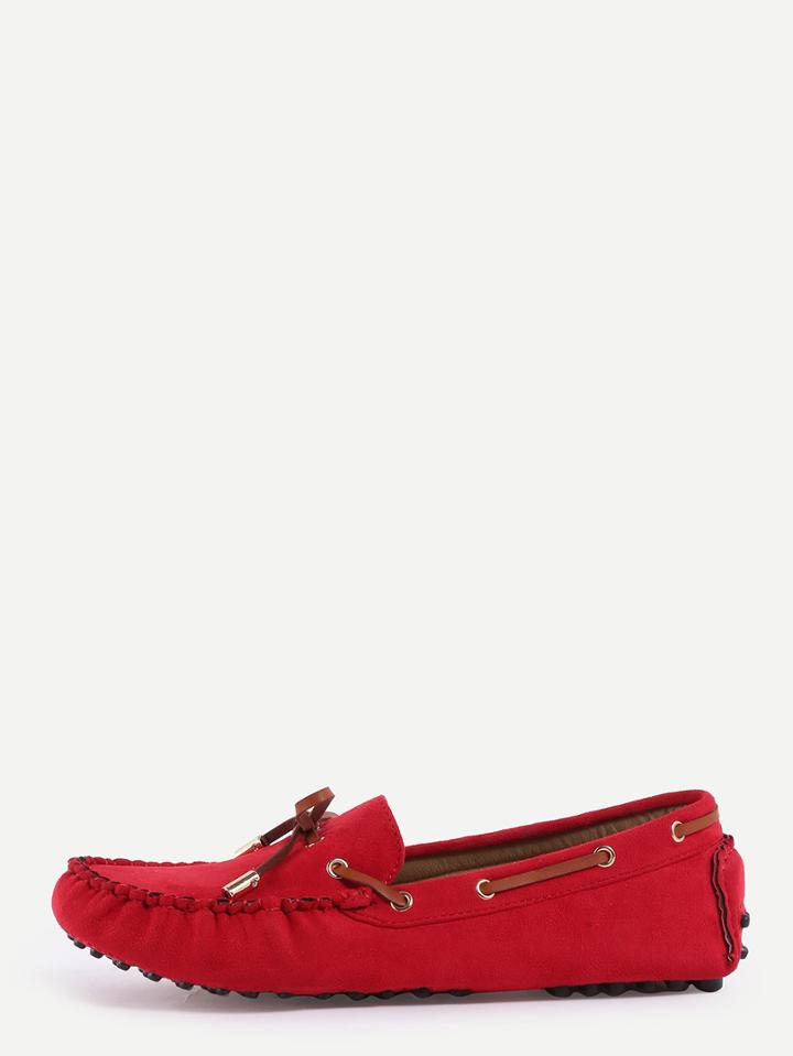 Shein Faux Suede Contrast Bow Tie Loafers - Red