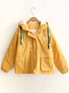 Shein Yellow Embroidery Quilted Hooded Coat With Pocket