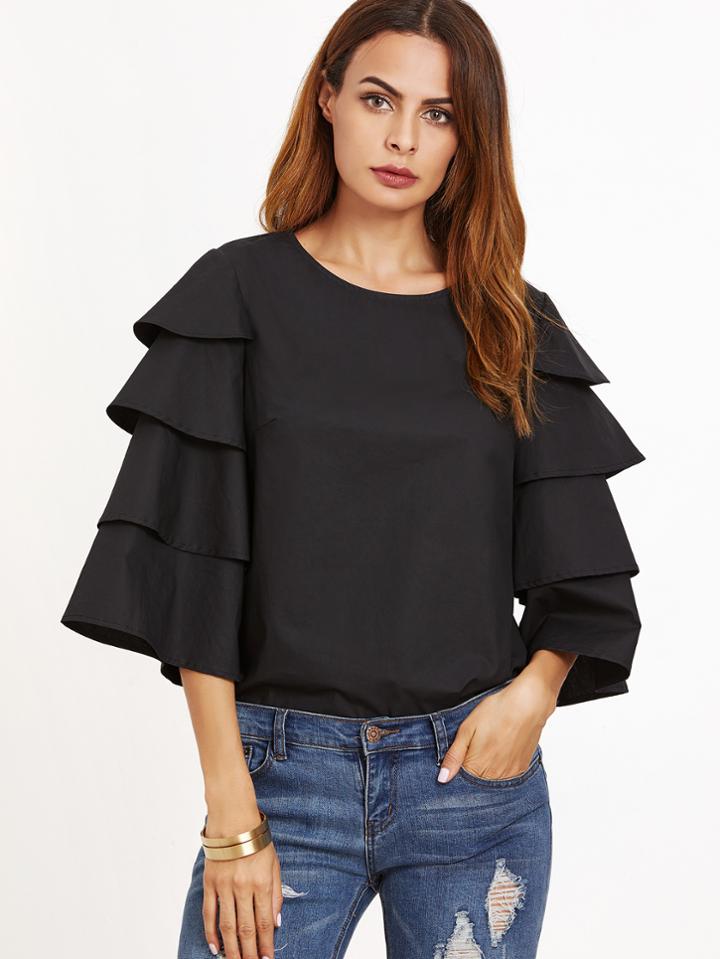 Shein Black Keyhole Back Layered Sleeve Top