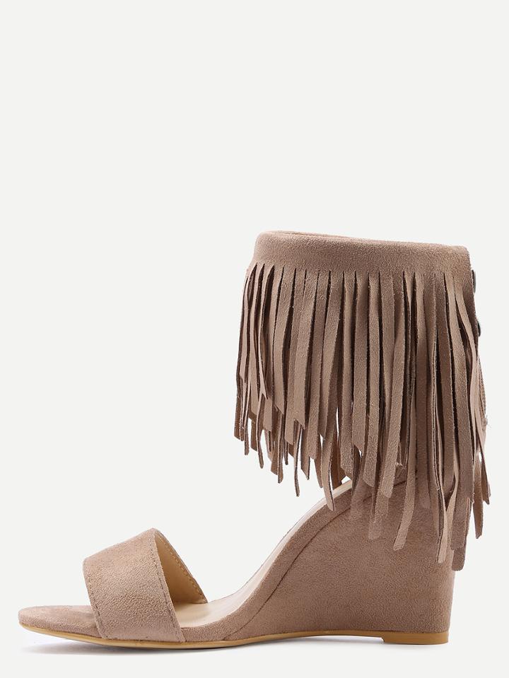 Shein Faux Suede Wide Strap Fringe Ankle Wedges - Apricot